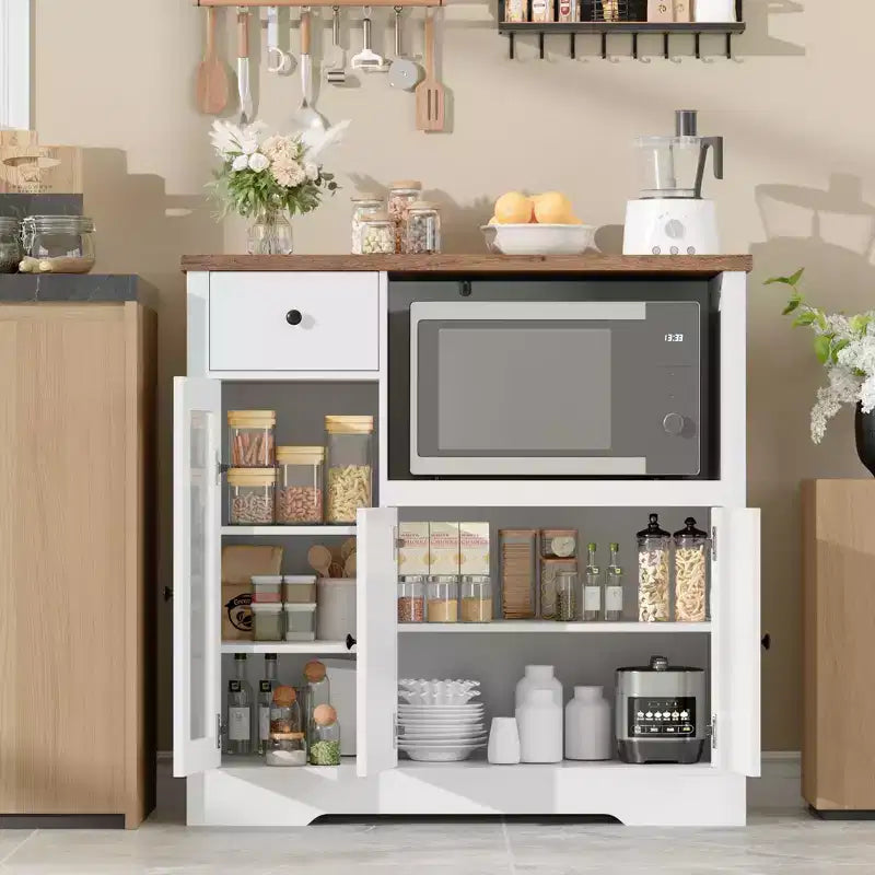 Meuble de cuisine pour micro-ondes avec étagères réglables, tiroirs et portes vitrées – Buffet en bois
