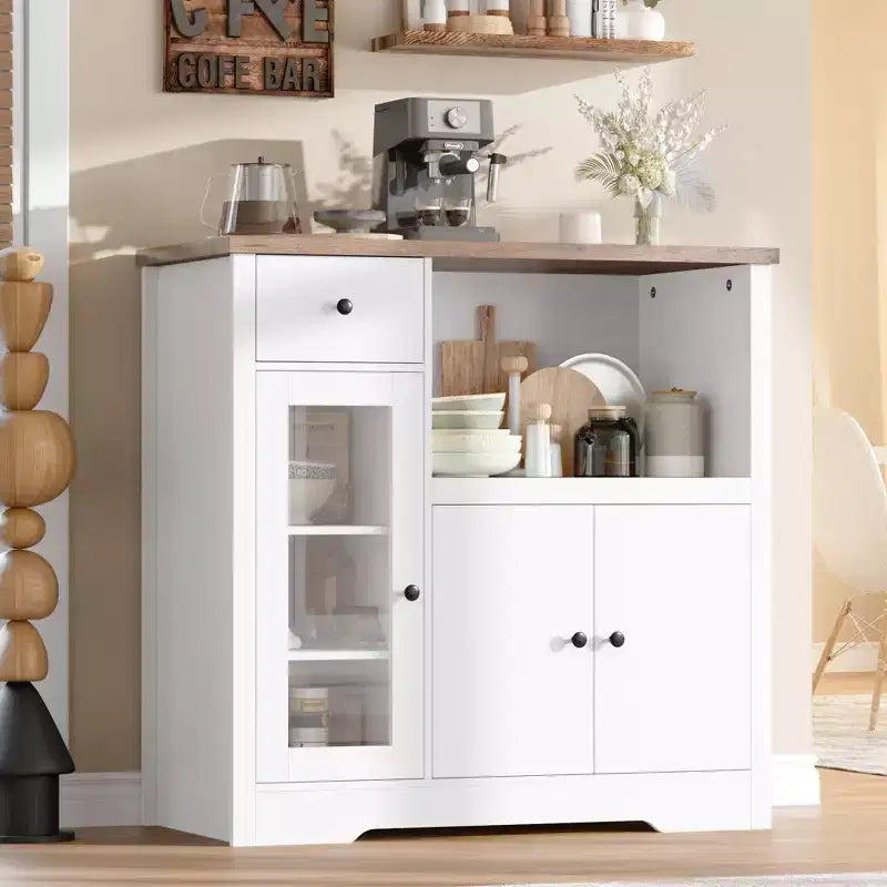 Meuble de cuisine pour micro-ondes avec étagères réglables, tiroirs et portes vitrées – Buffet en bois