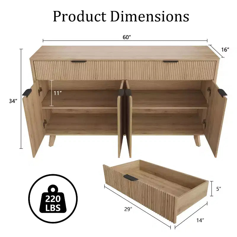 Buffet de salle à manger 60" avec 4 portes ondulées et 2 tiroirs, console de rangement moderne avec étagères réglables pour salle à manger et cuisine