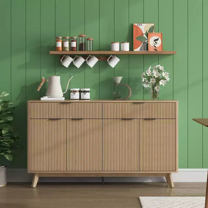 Buffet de salle à manger 60" avec 4 portes ondulées et 2 tiroirs, console de rangement moderne avec étagères réglables pour salle à manger et cuisine