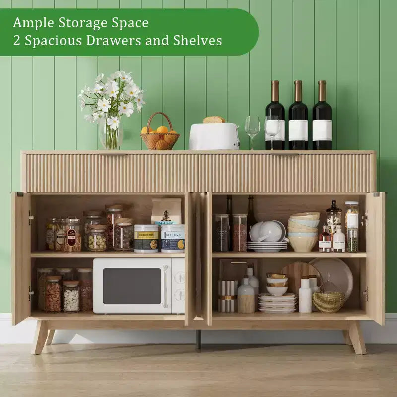 Buffet de salle à manger 60" avec 4 portes ondulées et 2 tiroirs, console de rangement moderne avec étagères réglables pour salle à manger et cuisine