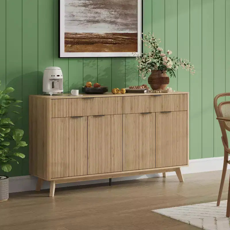 Buffet de salle à manger 60" avec 4 portes ondulées et 2 tiroirs, console de rangement moderne avec étagères réglables pour salle à manger et cuisine