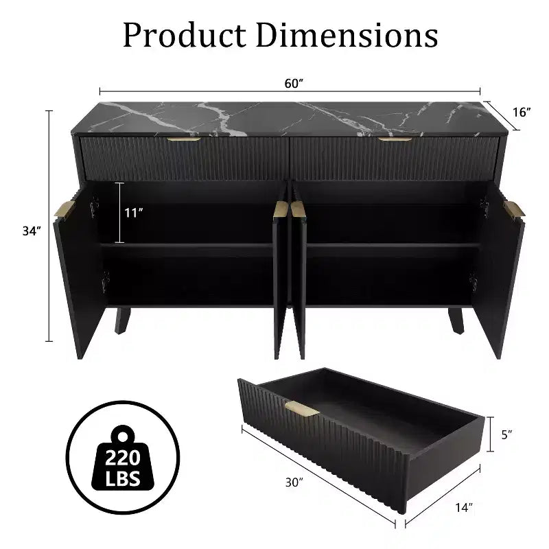 Buffet de salle à manger 60" avec 4 portes ondulées et 2 tiroirs, console de rangement moderne avec étagères réglables pour salle à manger et cuisine