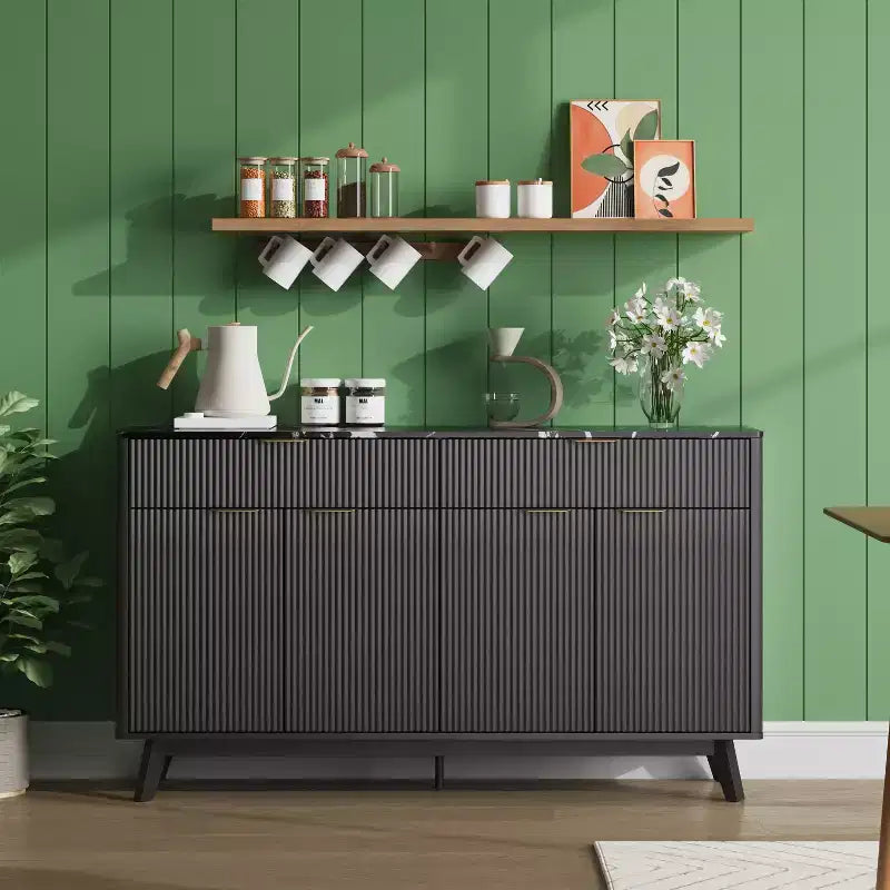 Buffet de salle à manger 60" avec 4 portes ondulées et 2 tiroirs, console de rangement moderne avec étagères réglables pour salle à manger et cuisine