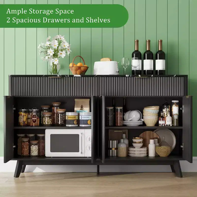 Buffet de salle à manger 60" avec 4 portes ondulées et 2 tiroirs, console de rangement moderne avec étagères réglables pour salle à manger et cuisine