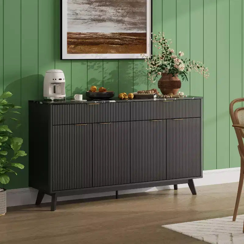 Buffet de salle à manger 60" avec 4 portes ondulées et 2 tiroirs, console de rangement moderne avec étagères réglables pour salle à manger et cuisine