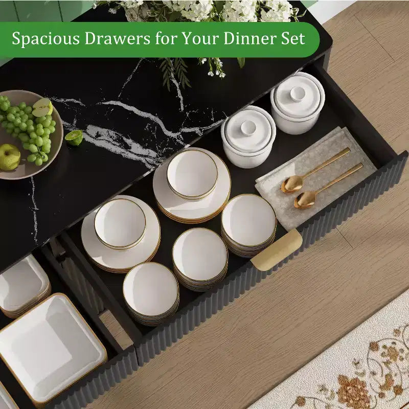 Buffet de salle à manger 60" avec 4 portes ondulées et 2 tiroirs, console de rangement moderne avec étagères réglables pour salle à manger et cuisine
