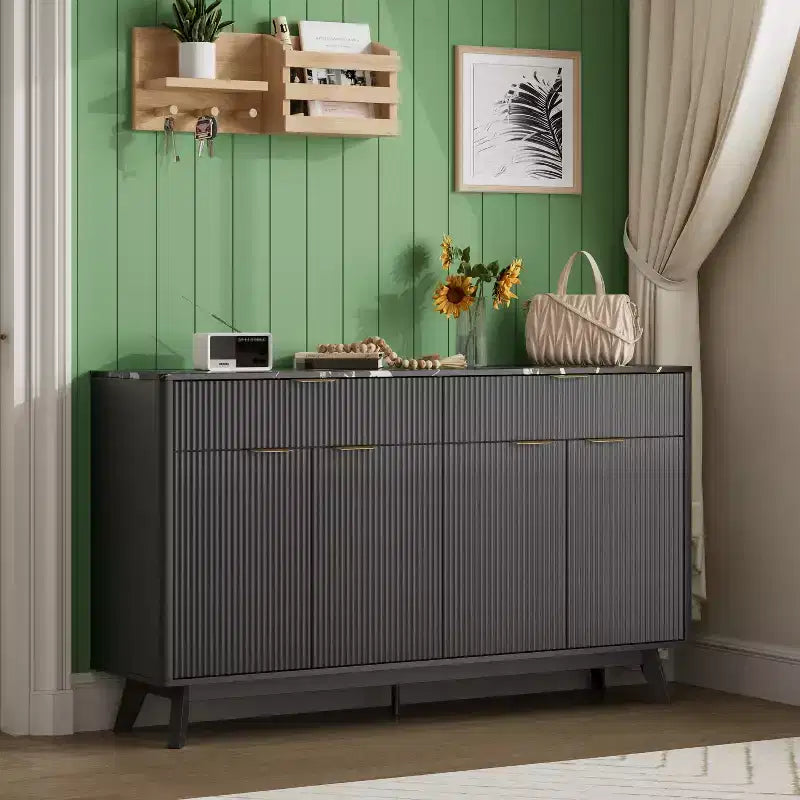 60 Buffet Sideboard Cabinet with 4 Wave Doors & 2 Drawers, Modern Storage Console Table with Adjustable Shelves for Dining Room & Kitchen