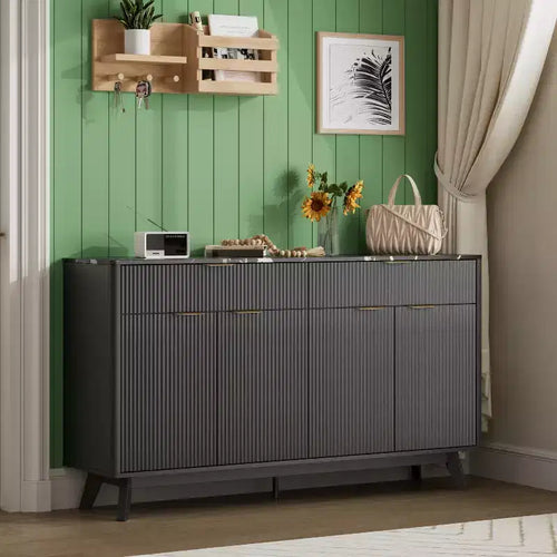 60 Buffet Sideboard Cabinet with 4 Wave Doors & 2 Drawers, Modern Storage Console Table with Adjustable Shelves for Dining Room & Kitchen