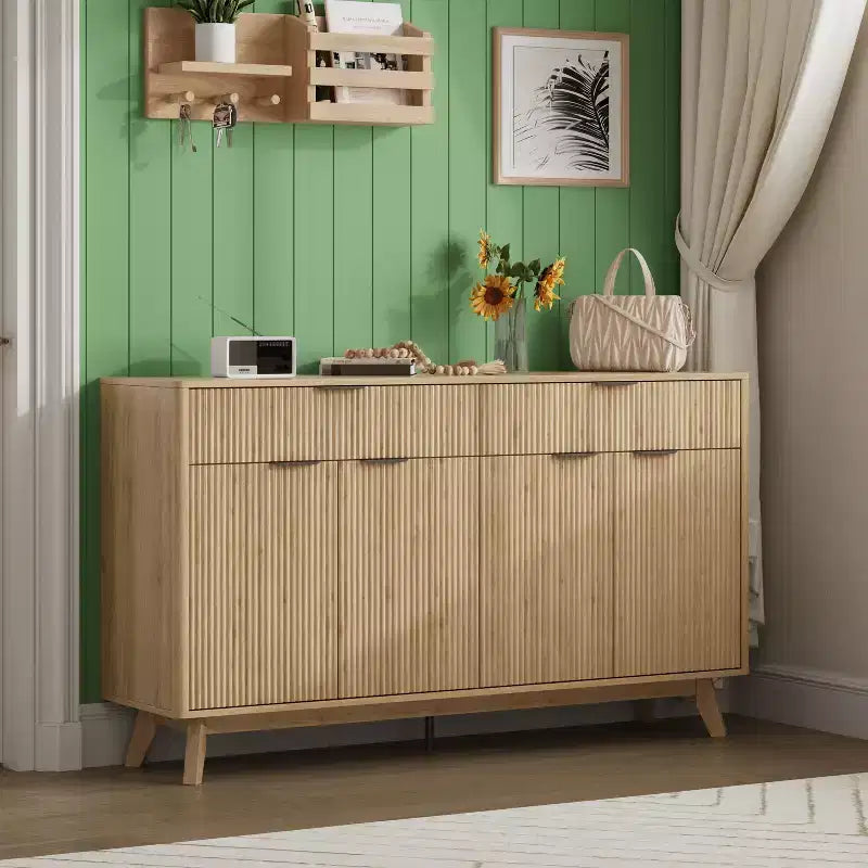 Buffet de salle à manger 60" avec 4 portes ondulées et 2 tiroirs, console de rangement moderne avec étagères réglables pour salle à manger et cuisine
