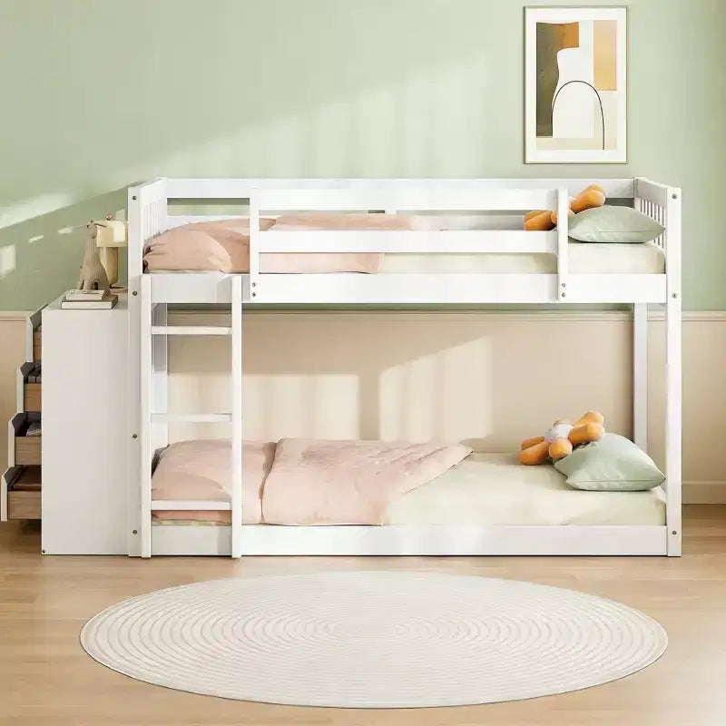 Lit superposé moderne Luxystar Twin over Twin avec 4 tiroirs et 3 étagères