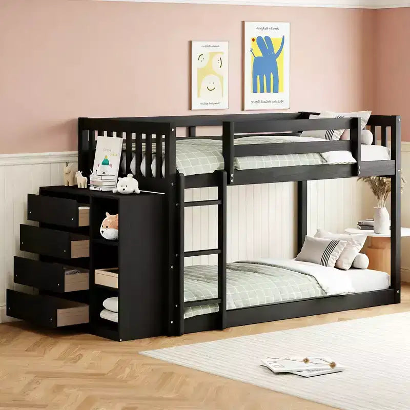 Luxystar Modern Twin over Twin Bunk Bed with 4 Drawers and 3 Shelves