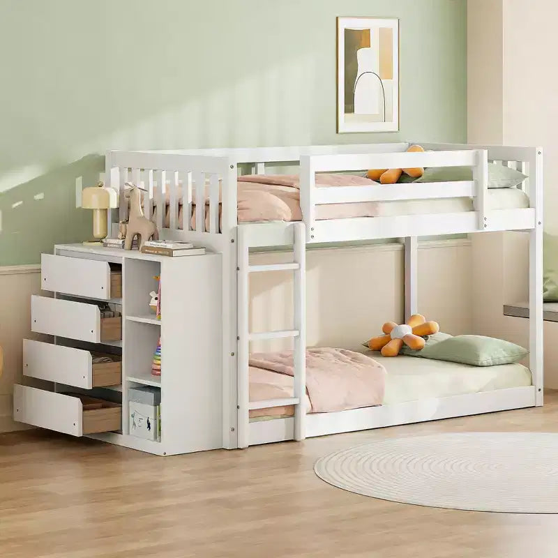 Lit superposé moderne Luxystar Twin over Twin avec 4 tiroirs et 3 étagères