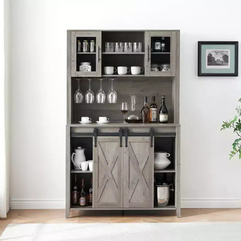 Farmhouse Coffee Bar, Sliding Barn Doors, Ample Storage Sideboard, for Dining Room, Kitchen