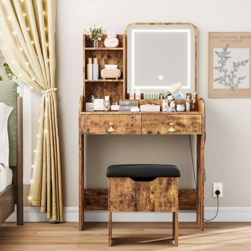 Vanity Desk with LED Light Mirror and Charging Station, Makeup Vanity Table Set with Storage Drawers & Chair, 3 Lighting Modes for Women Girls