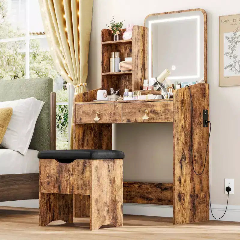 Coiffeuse avec miroir LED, tiroirs de rangement, chaise et station de recharge