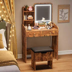 Coiffeuse avec miroir LED, tiroirs de rangement, chaise et station de recharge