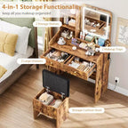 Coiffeuse avec miroir LED, tiroirs de rangement, chaise et station de recharge