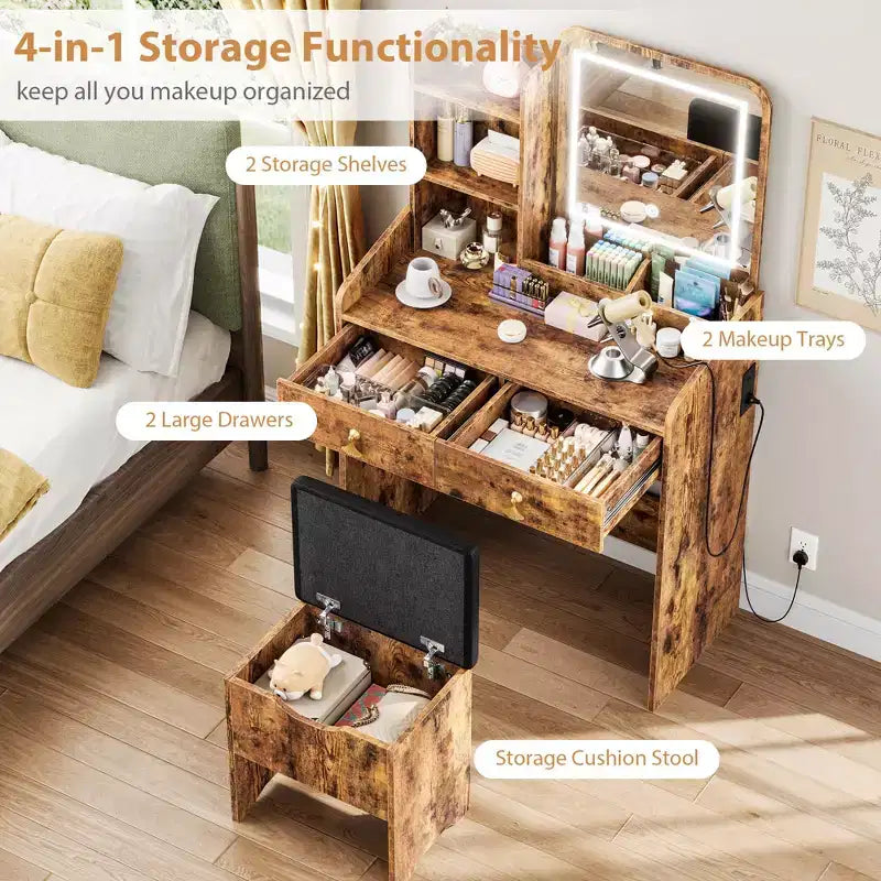 Coiffeuse avec miroir LED, tiroirs de rangement, chaise et station de recharge