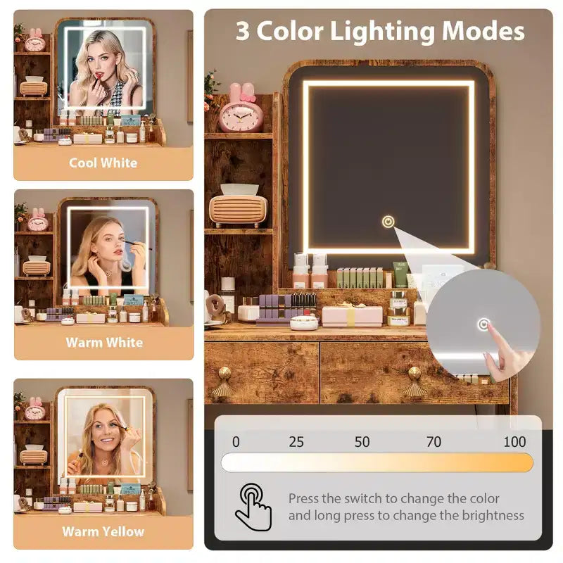 Coiffeuse avec miroir LED, tiroirs de rangement, chaise et station de recharge