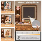 Coiffeuse avec miroir LED, tiroirs de rangement, chaise et station de recharge