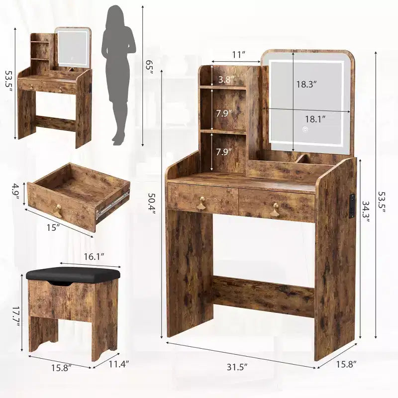 Coiffeuse avec miroir LED, tiroirs de rangement, chaise et station de recharge