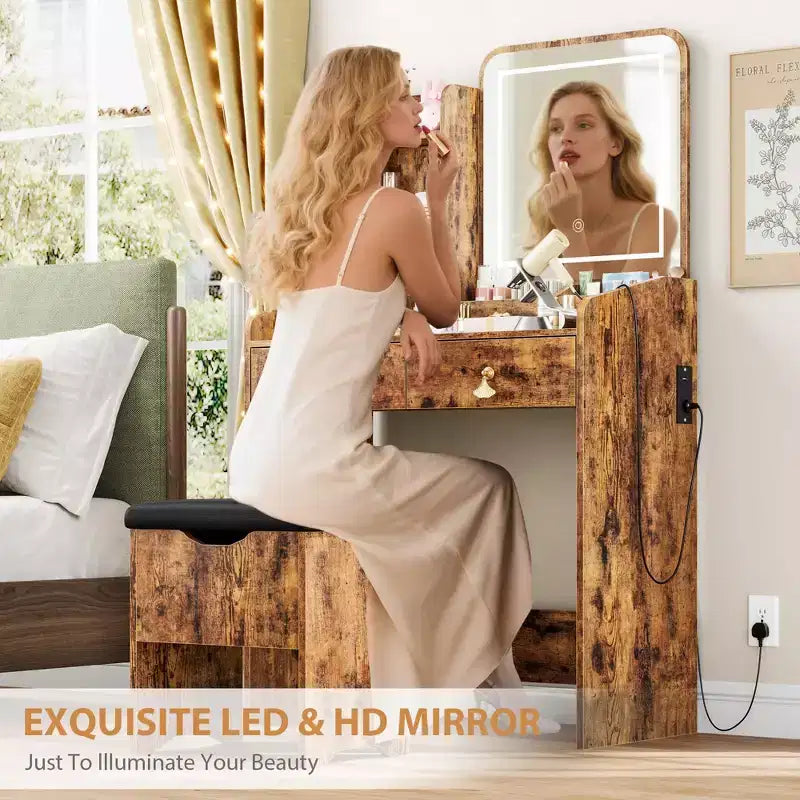 Coiffeuse avec miroir LED, tiroirs de rangement, chaise et station de recharge