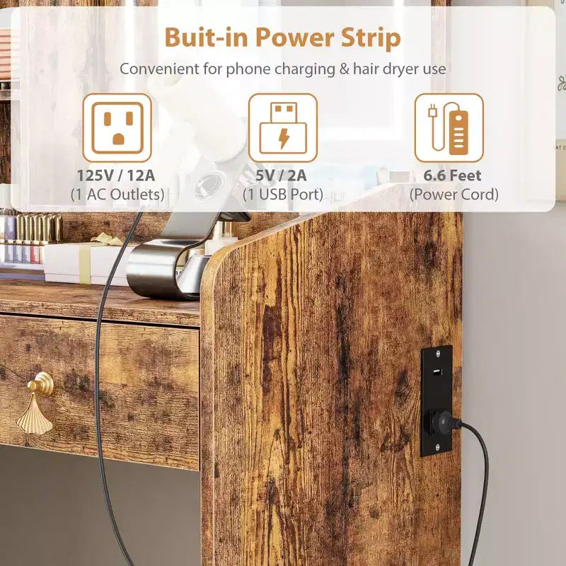 Coiffeuse avec miroir LED, tiroirs de rangement, chaise et station de recharge
