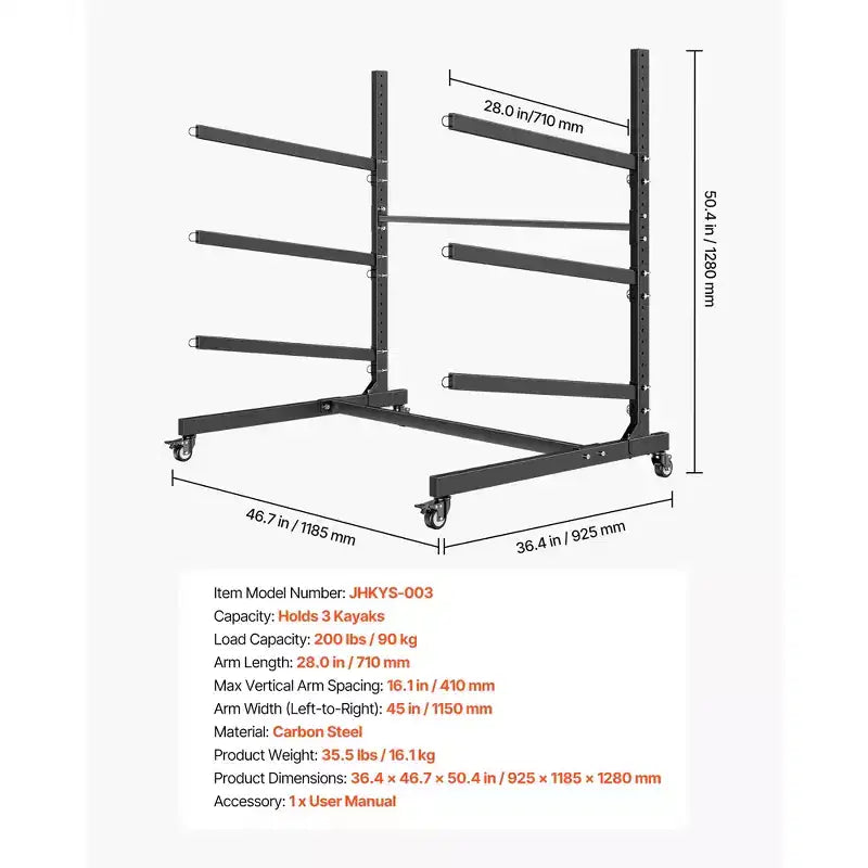 Support de rangement autoportant pour 3 kayaks avec roues verrouillables