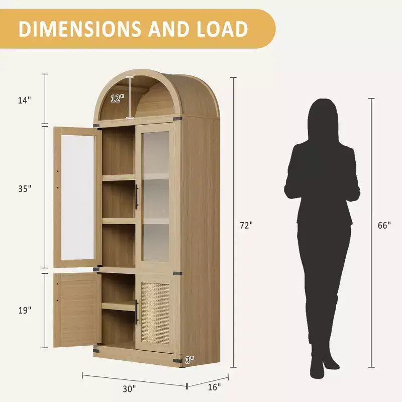 Meuble de rangement arqué de 180 cm de haut avec 6 étagères et 4 portes