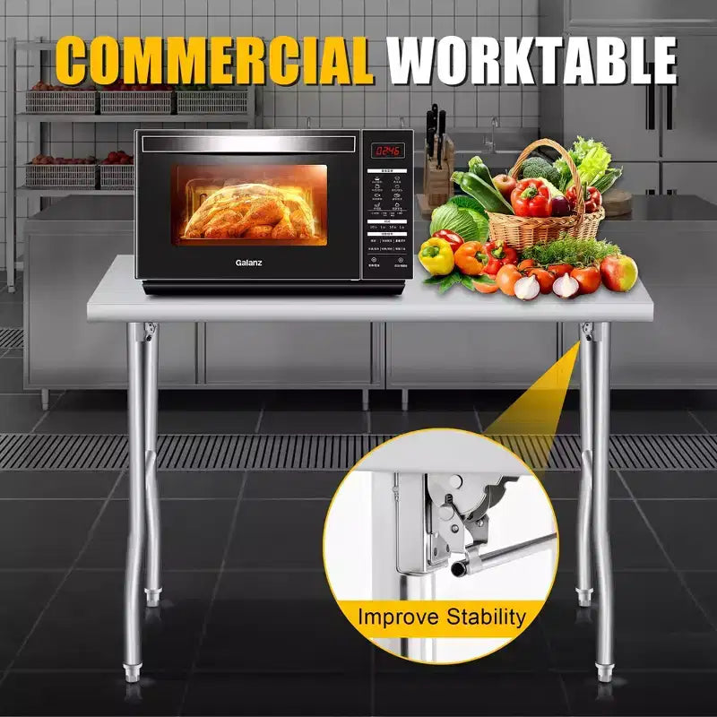 Table de travail pliable en acier inoxydable, table de préparation pliante à coins arrondis pour cuisine, salle à manger, barbecue et extérieur