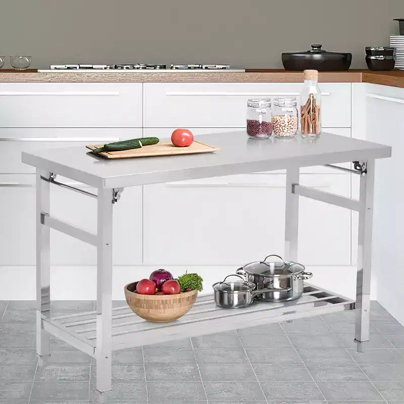 Table de travail pliante en acier inoxydable – Étagère inférieure réglable, bureau commercial robuste – Durable, facile à nettoyer, peu encombrante, certifiée NSF