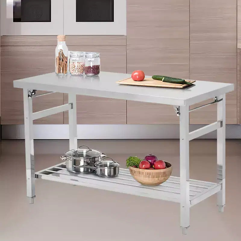 Table de travail pliante en acier inoxydable – Étagère inférieure réglable, bureau commercial robuste – Durable, facile à nettoyer, peu encombrante, certifiée NSF