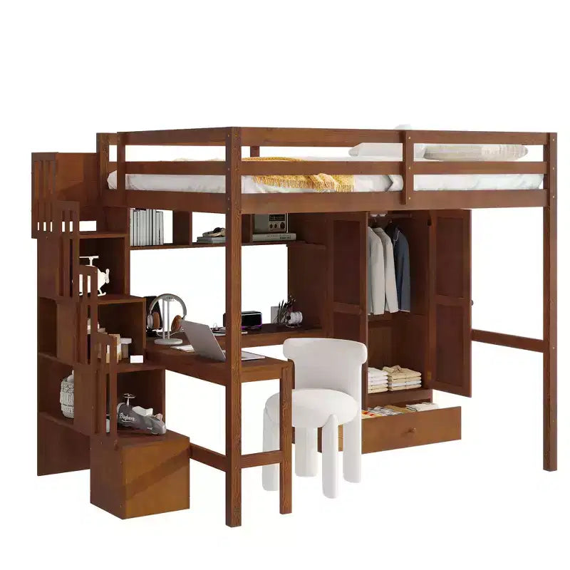 Lit mezzanine double avec bureau, étagères et armoire