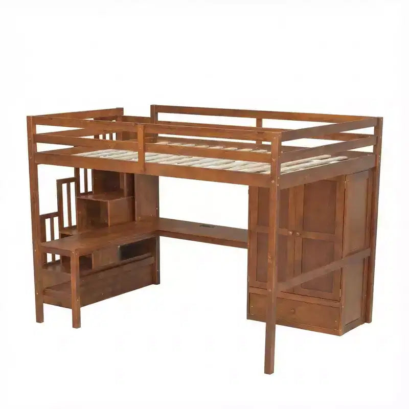 Lit mezzanine double avec bureau, étagères et armoire