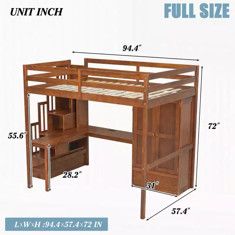 Lit mezzanine double avec bureau, étagères et armoire