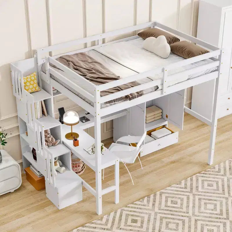 Lit mezzanine double avec bureau, étagères et armoire