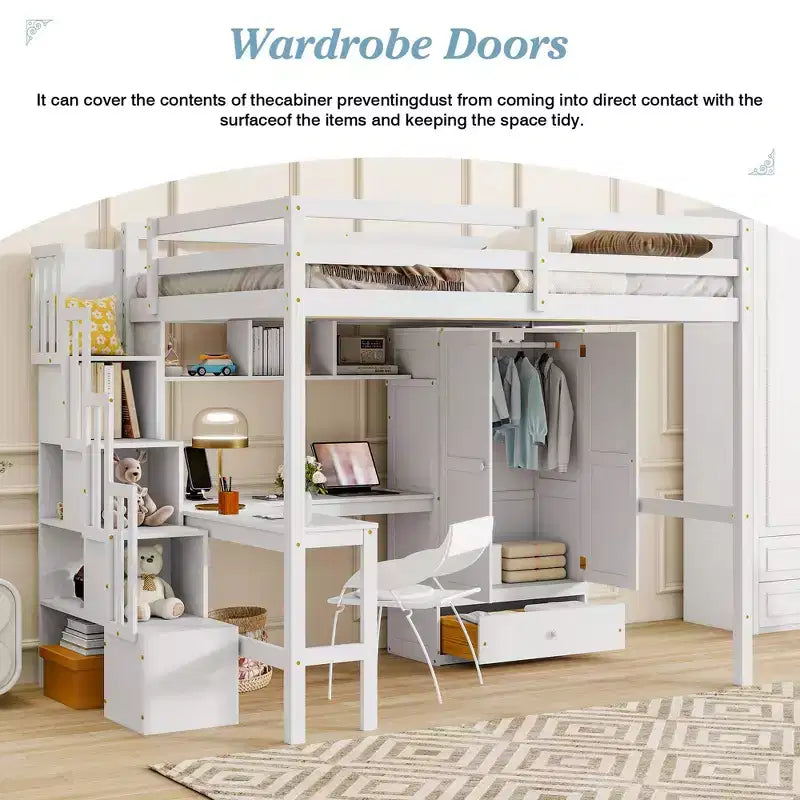 Lit mezzanine double avec bureau, étagères et armoire