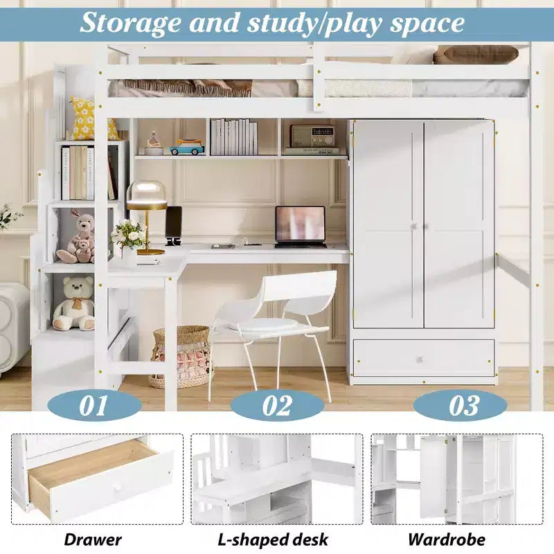 Lit mezzanine double avec bureau, étagères et armoire