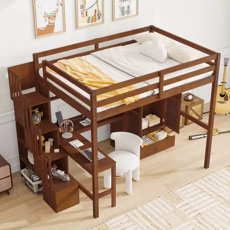 Lit mezzanine double avec bureau, étagères et armoire