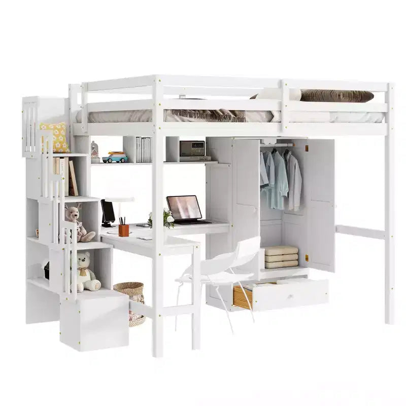 Lit mezzanine double avec bureau, étagères et armoire