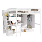 Lit mezzanine double avec bureau, étagères et armoire