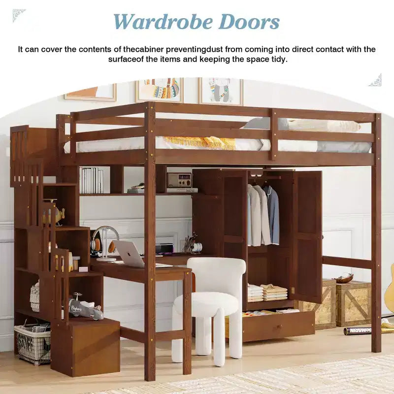 Lit mezzanine double avec bureau, étagères et armoire