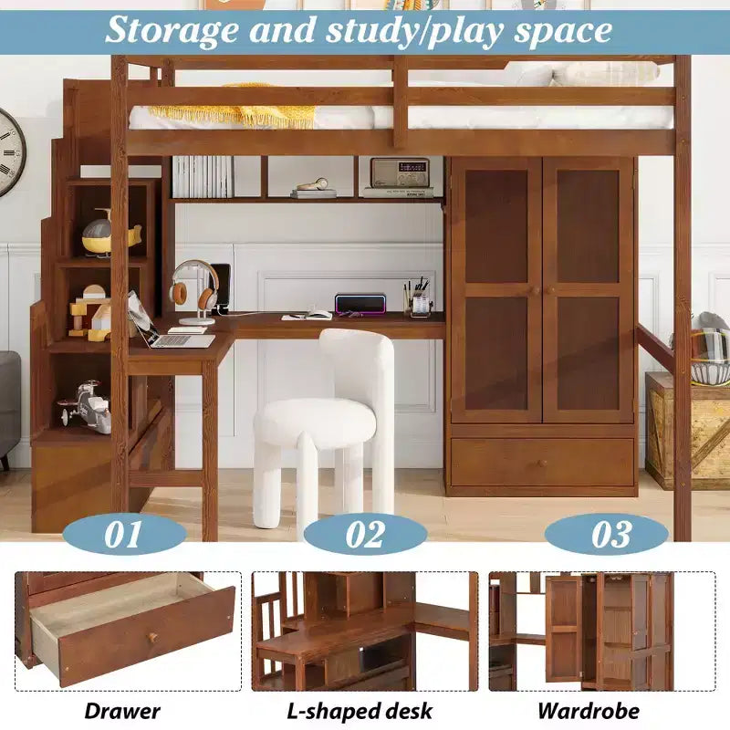 Lit mezzanine double avec bureau, étagères et armoire