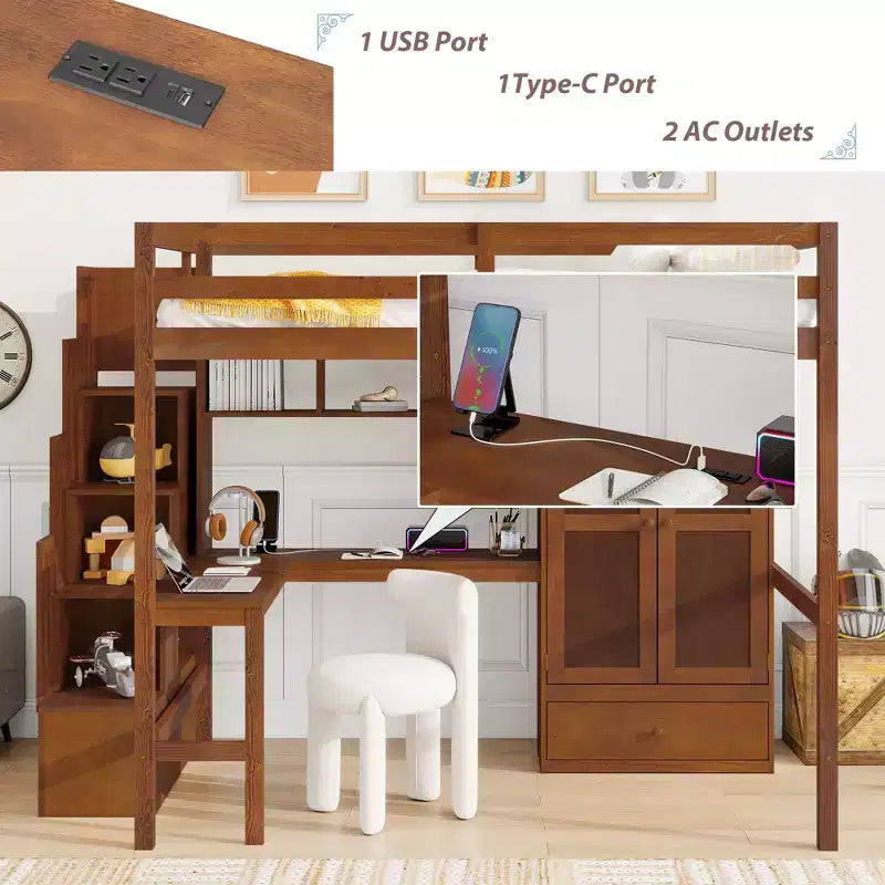 Lit mezzanine double avec bureau, étagères et armoire