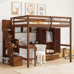 Clihome Full Size Loft Wood Bed with Desk, Book shelves and Wardrobe with Doors and Drawer