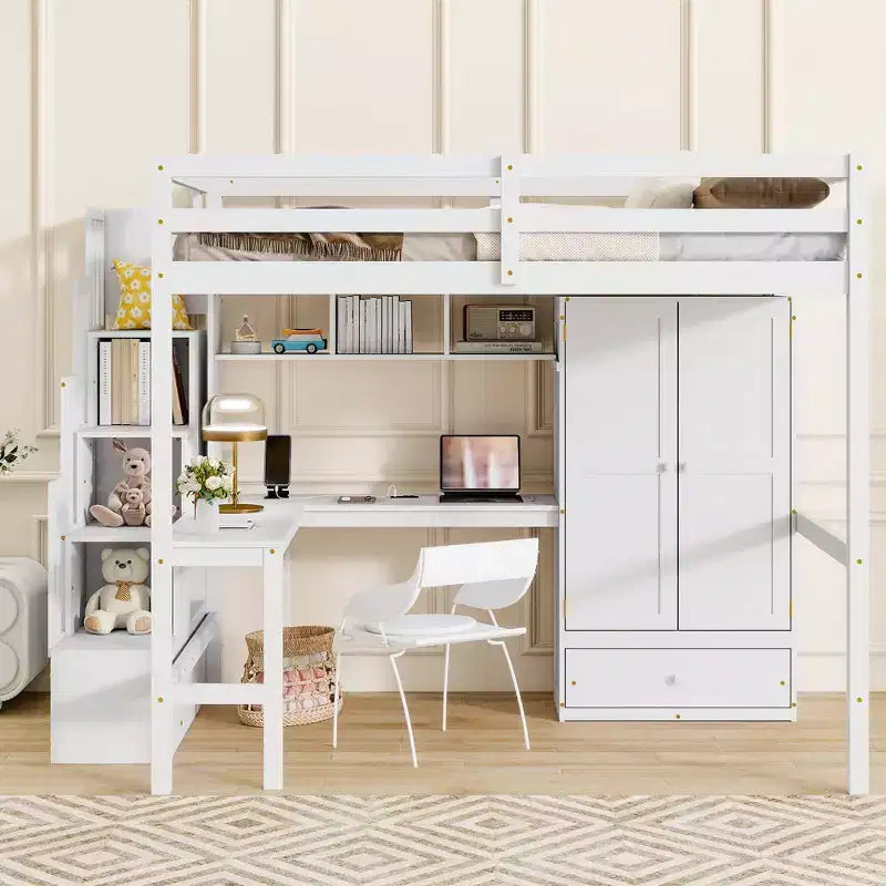 Lit mezzanine double avec bureau, étagères et armoire