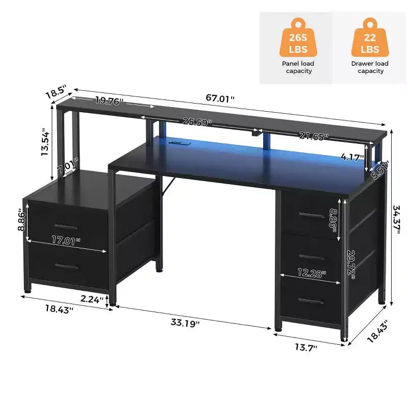 Bureau d'ordinateur multifonctionnel de 170 cm avec tiroirs, rehausseur d'écran et station de charge