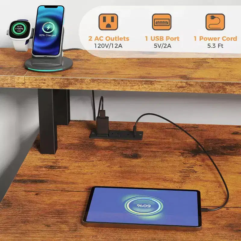 Bureau d'ordinateur multifonctionnel de 170 cm avec tiroirs, rehausseur d'écran et station de charge