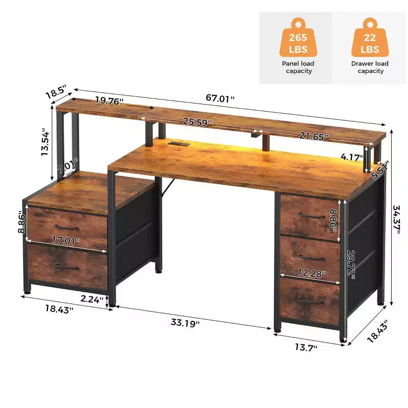 Bureau d'ordinateur multifonctionnel de 170 cm avec tiroirs, rehausseur d'écran et station de charge